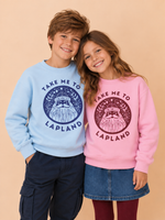 Load image into Gallery viewer, A boy and a girl wearing matching crewneck sweatshirts with a 'Take Me to Lapland' graphic. The boy wears a light blue sweatshirt, and the girl wears a pink sweatshirt, standing against a solid beige background.
