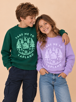 Load image into Gallery viewer, Two children modeling crewneck sweatshirts against a solid beige background. The boy on the left wears a dark green sweatshirt with a light green graphic reading 'TAKE ME TO LAPLAND' and 'MINNESOTA', paired with dark cargo pants.
