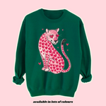 Load image into Gallery viewer, Heart leopard print sweatshirt – Pink leopard with heart spots and love-heart eyes on a fleece-lined unisex jumper. Trendy animal print sweater for women, men, and kids, available in multiple colour
