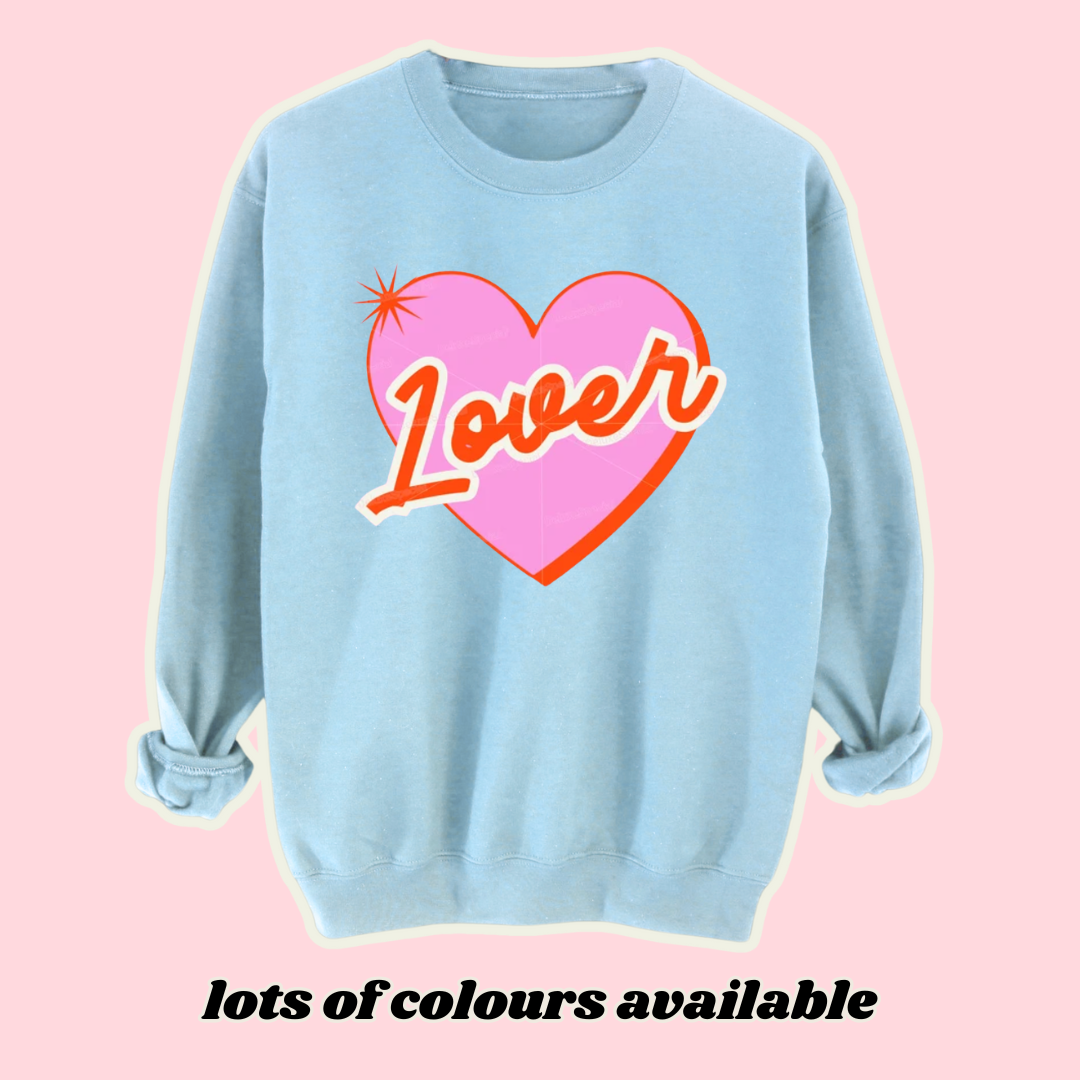 Pastel blue Lover sweatshirt with pink retro heart design – cosy fleece-lined unisex jumper for Taylor Swift fans and vintage aesthetic lovers