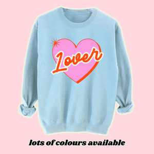 Pastel blue Lover sweatshirt with pink retro heart design – cosy fleece-lined unisex jumper for Taylor Swift fans and vintage aesthetic lovers