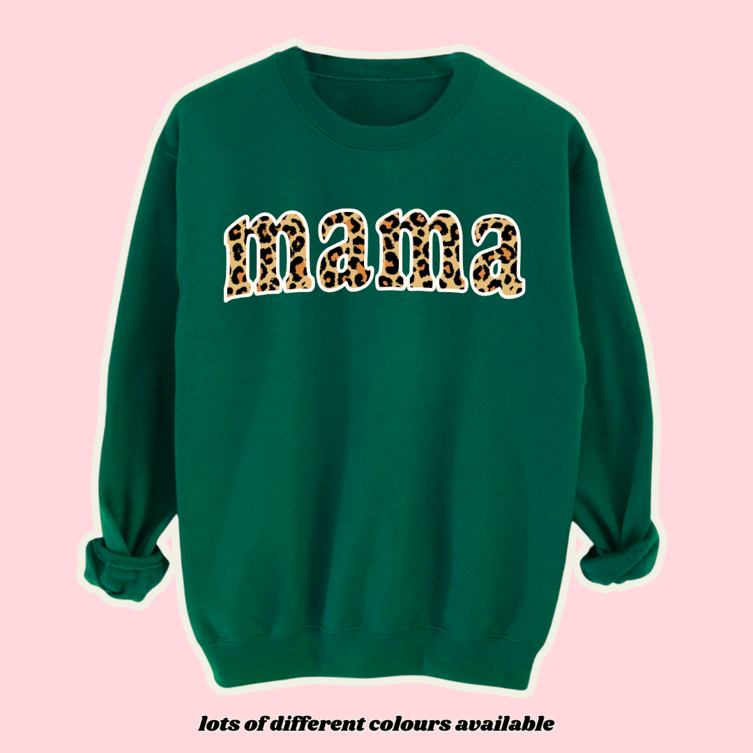 Personalised 'Mama' Sweatshirt – Custom Fleece-Lined Jumper for Mums & New Mums, Mother's Day Gift, Green Sweatshirt with Leopard Print Text