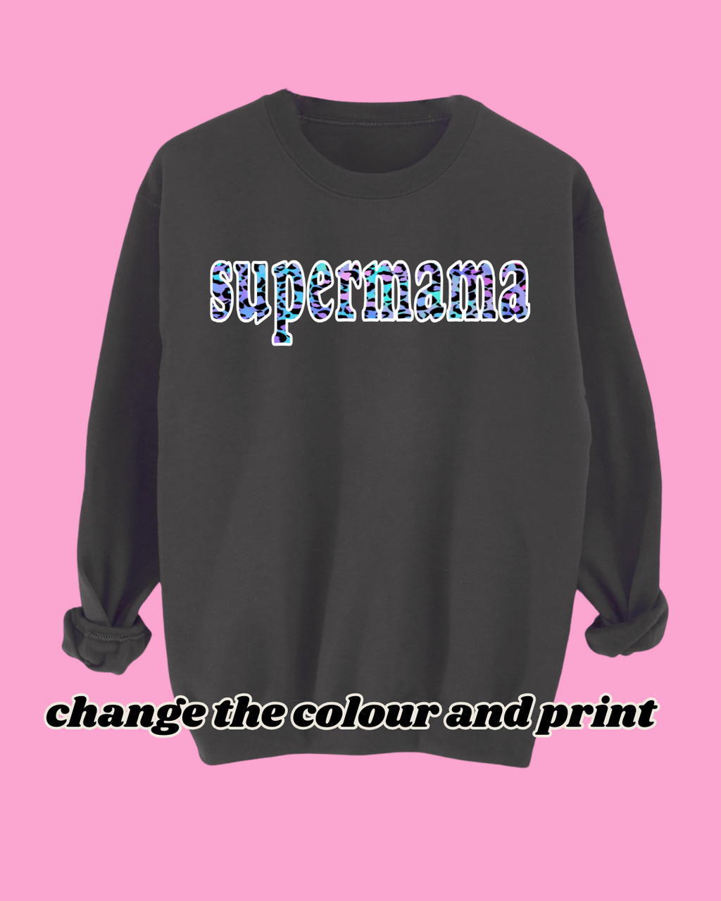 Custom black sweatshirt with ‘supermama’ leopard print design, inspired by 80s and 90s fashion. A perfect Mother’s Day gift or stylish personalised jumper for mums and new mothers