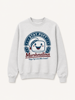 Load image into Gallery viewer, A light gray crewneck sweatshirt featuring a circular graphic print on the front with the words 'STAY PUFT', 'Marshmallows', and a cartoon marshmallow character in blue, red, and white.
