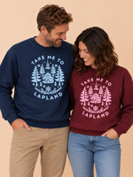 Load image into Gallery viewer, A man and a woman standing side by side wearing matching crewneck sweatshirts. The man wears a navy blue sweatshirt with a light blue graphic, and the woman wears a burgundy red sweatshirt with a light pink graphic.
